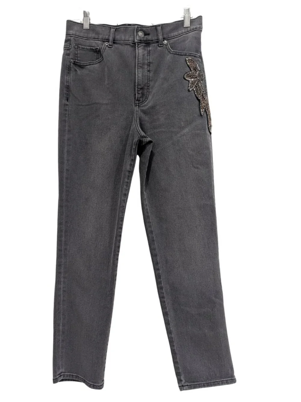 Express Super High Rise Slim Washed Black Jeans 8R Beaded Embellished Stretch